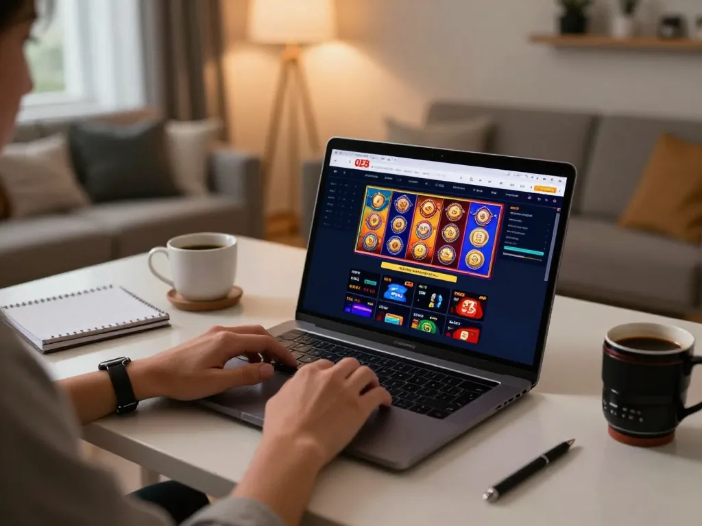 Engaging gaming scene of a player interacting with the QE8 online casino platform, laptop showcasing vibrant slot games.