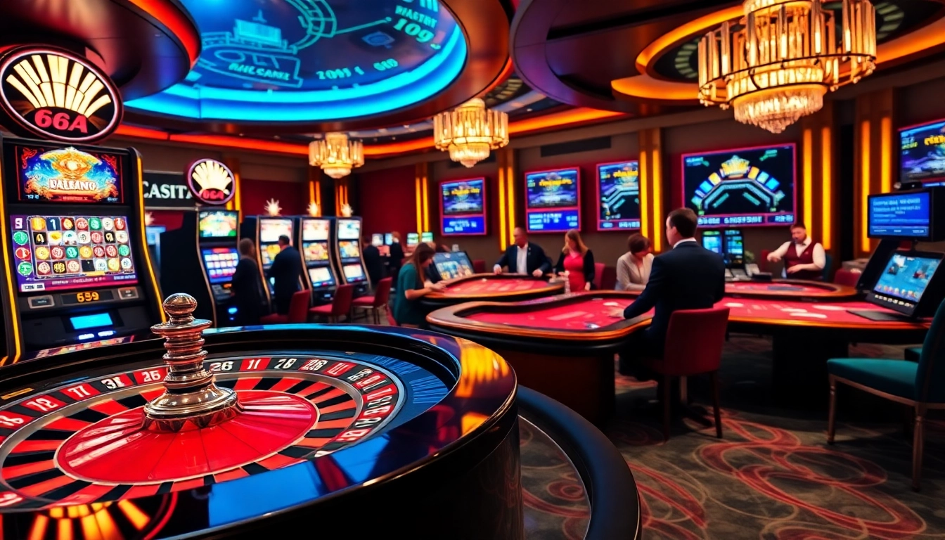 A dynamic casino environment at 65A with roulette, slots, and excited players.