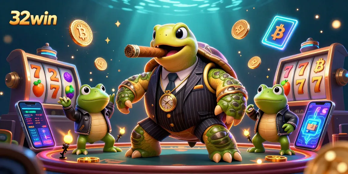 Experience thrilling gaming action at 32win with vibrant slot games and crypto elements.