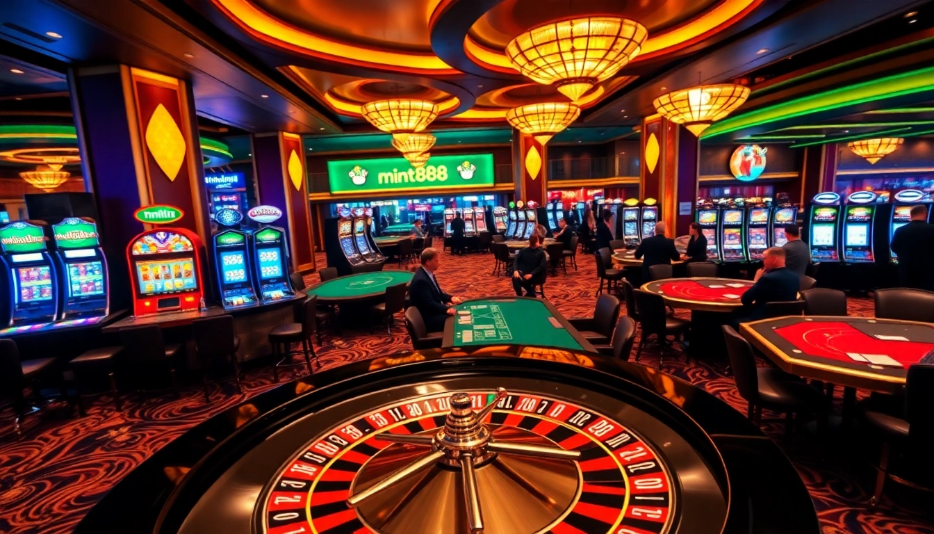 Immersive casino gaming scene with roulette and poker, highlighting mint88 excitement.