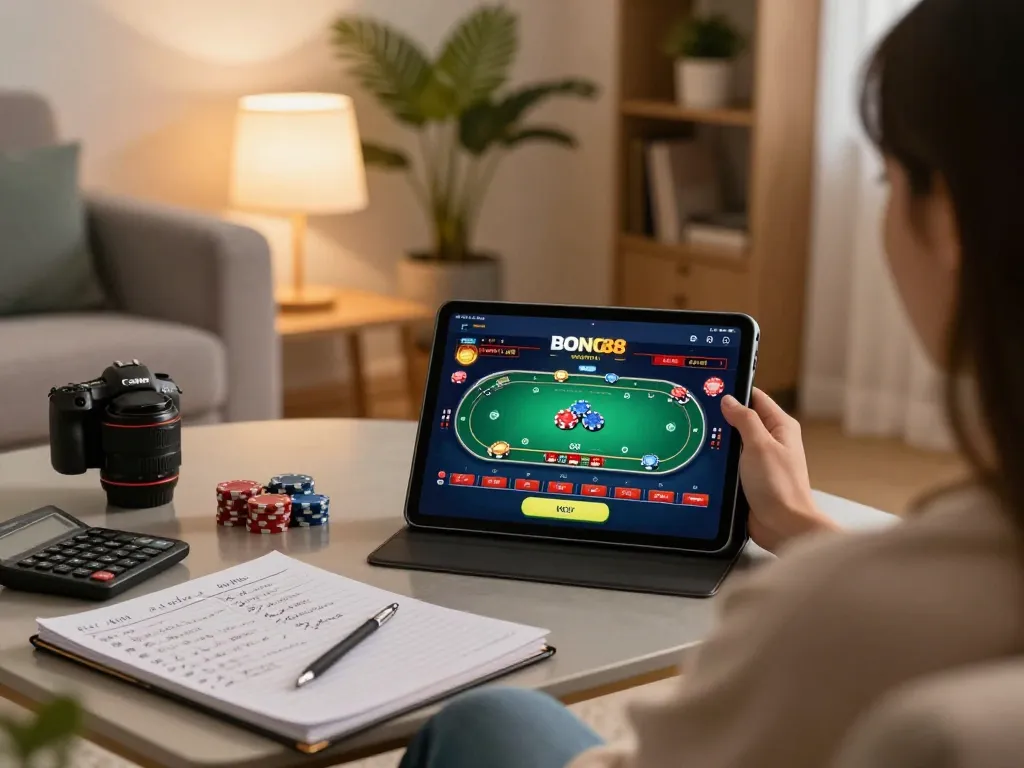 Bong88 online gaming action on a tablet in a cozy living room with strategy notes.