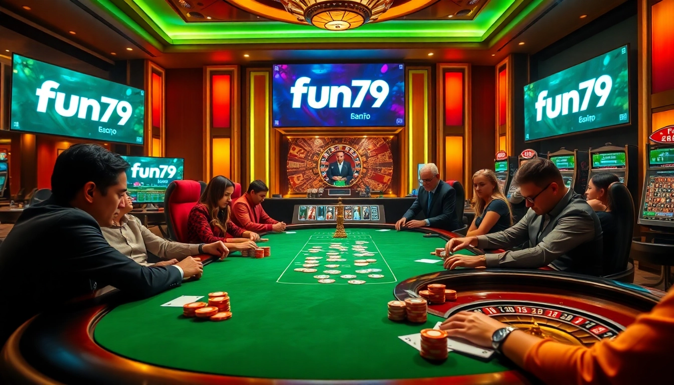 Players engaging in a high-stakes poker game at fun79 casino, showcasing vibrant gambling excitement.