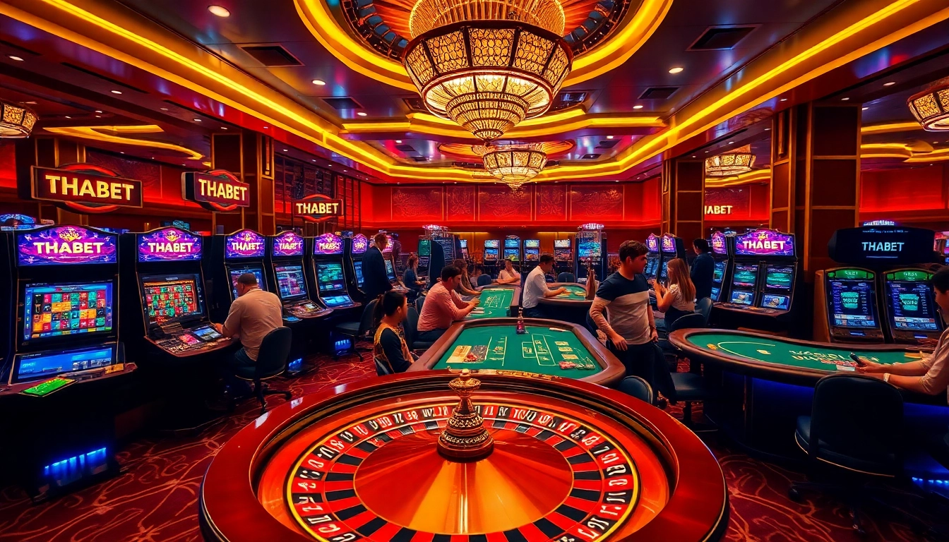 Players enjoying a thrilling game at THABET casino with vibrant slot machines and roulette wheels.
