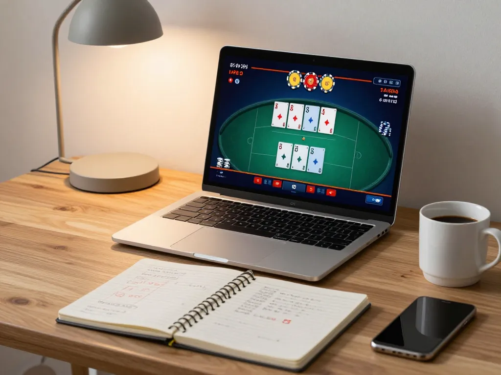 Player strategizing on online poker at home using mb66-t, showcasing a cozy atmosphere and smart gaming.