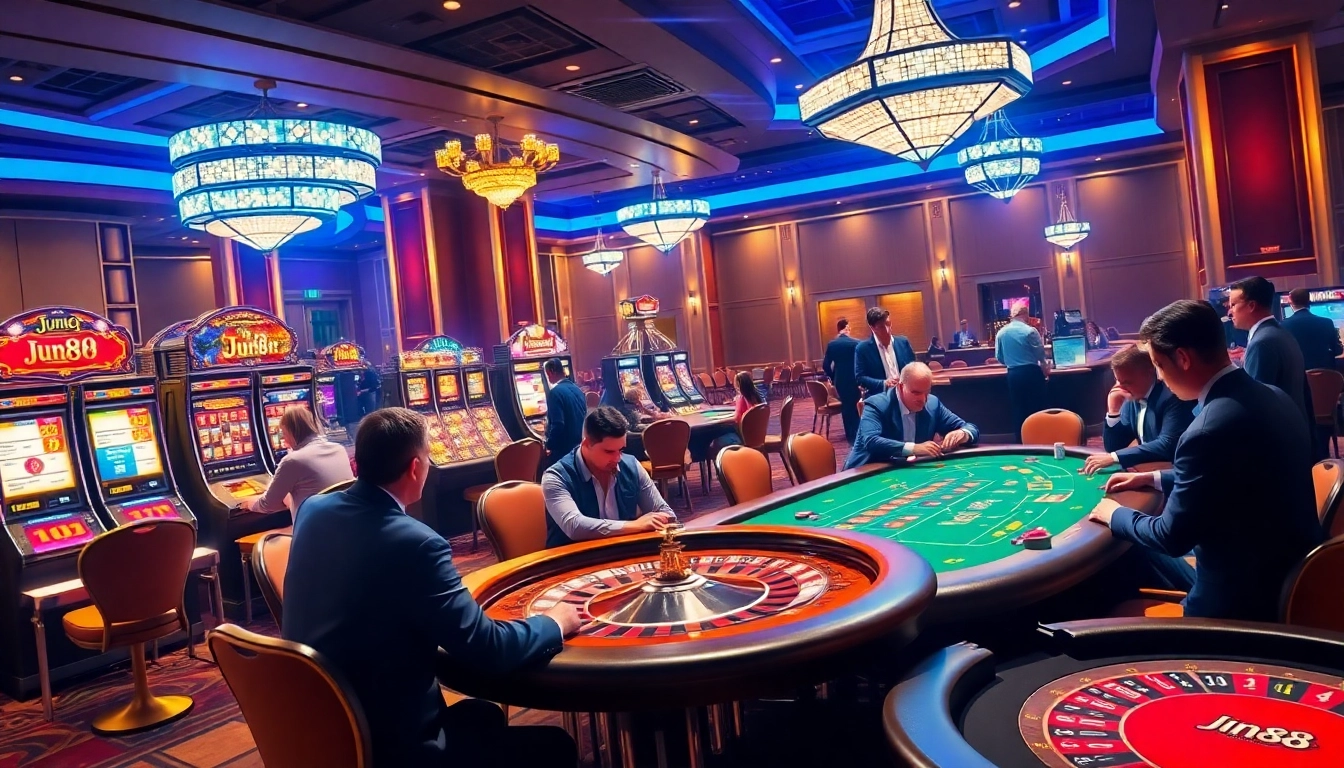 Experience high-stakes action at Jun88 with vibrant casino games, poker tables, and slot machines.