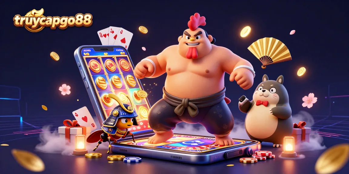 Engage with the vibrant world of truycapgo88 as the sumo wrestler rooster stomps amidst slot games and coins.