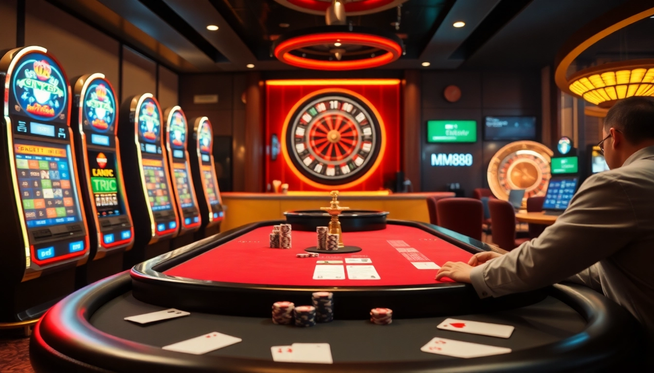 Exciting MM88 virtual casino environment showcasing poker, roulette, and slots.