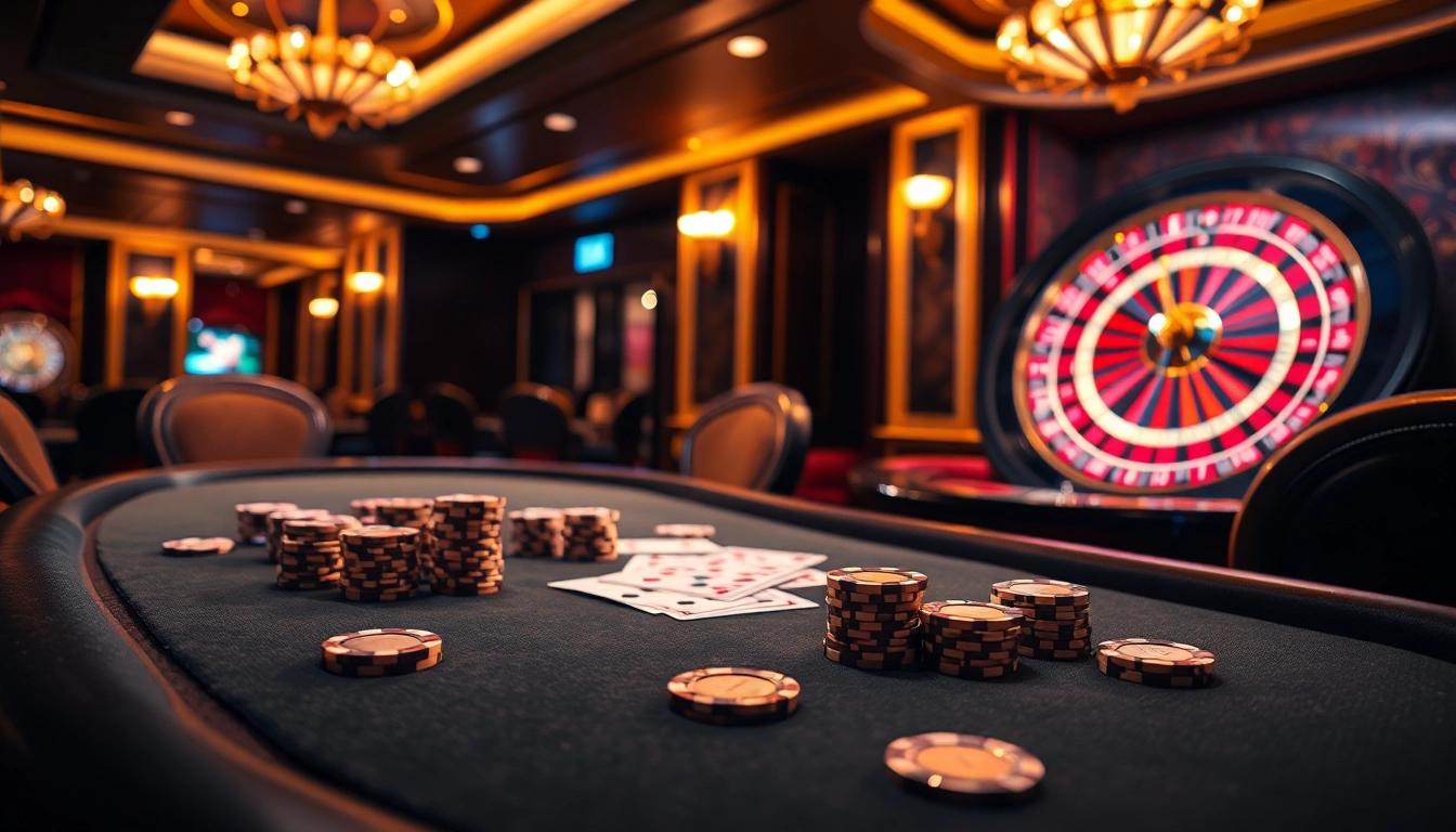 Experience the thrill of gambling at 98win with a luxurious poker table and vibrant roulette wheel.