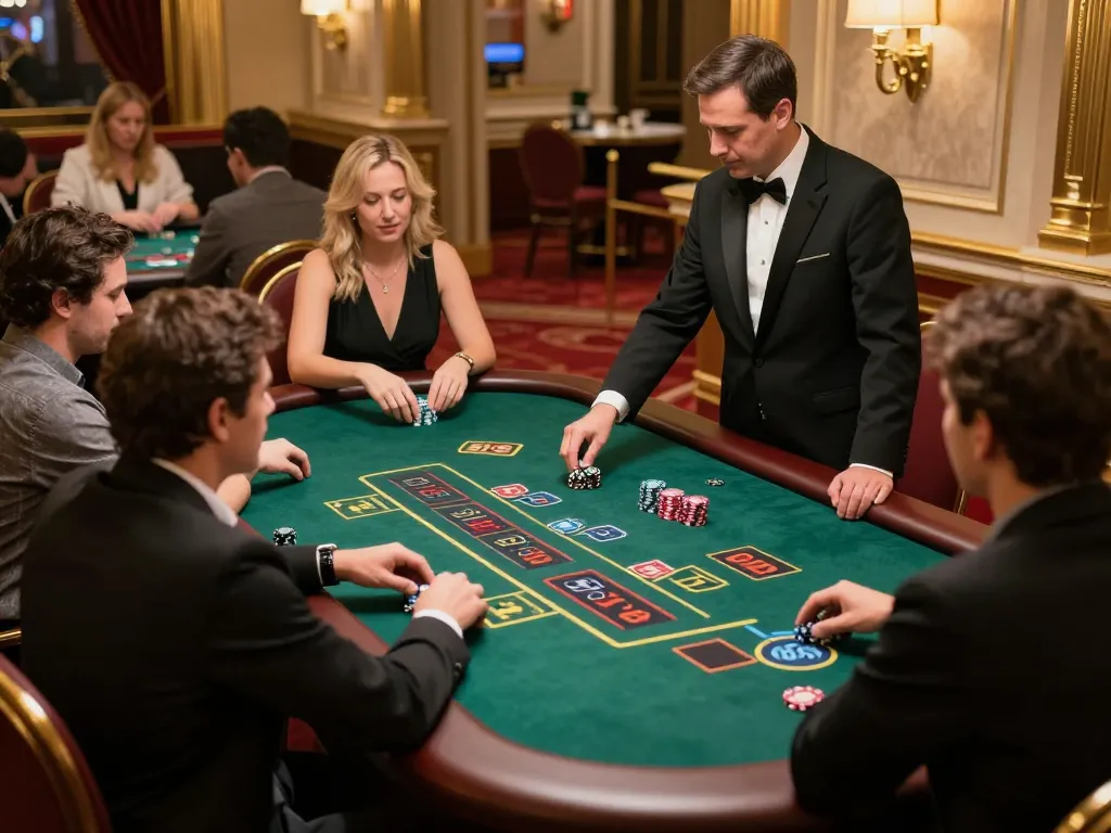 Experience VIN88 at a luxurious blackjack table with eager players and a professional dealer.