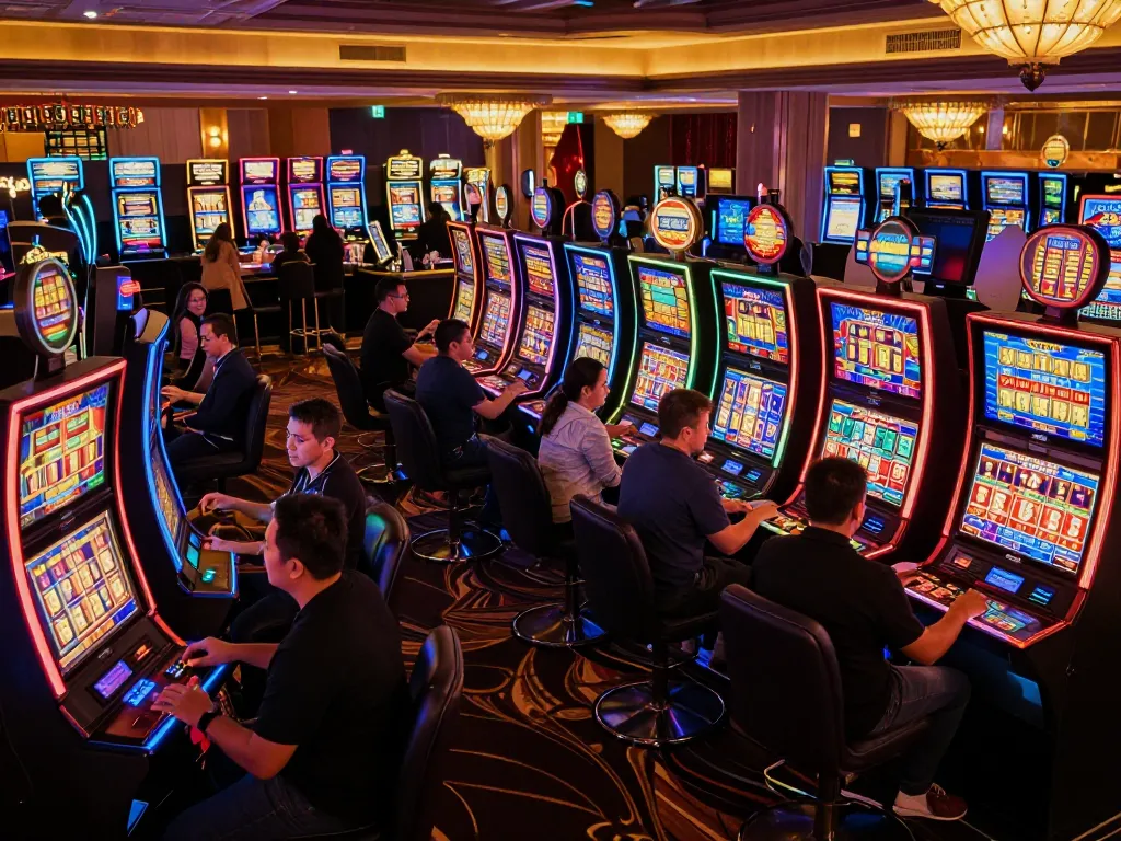 Players enjoying vibrant slot machines at SC88 casino, immersed in gameplay excitement.