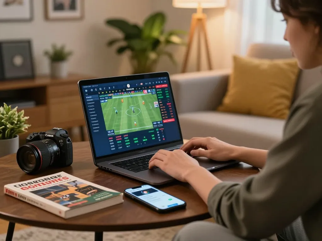 Engaged gambler using HITCLUB platform for online sports betting in a cozy home setup.