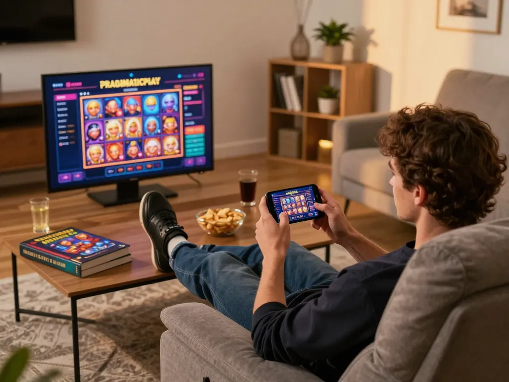Engaging in mobile gaming with Pragmaticplay slots on smartphone in cozy home atmosphere.
