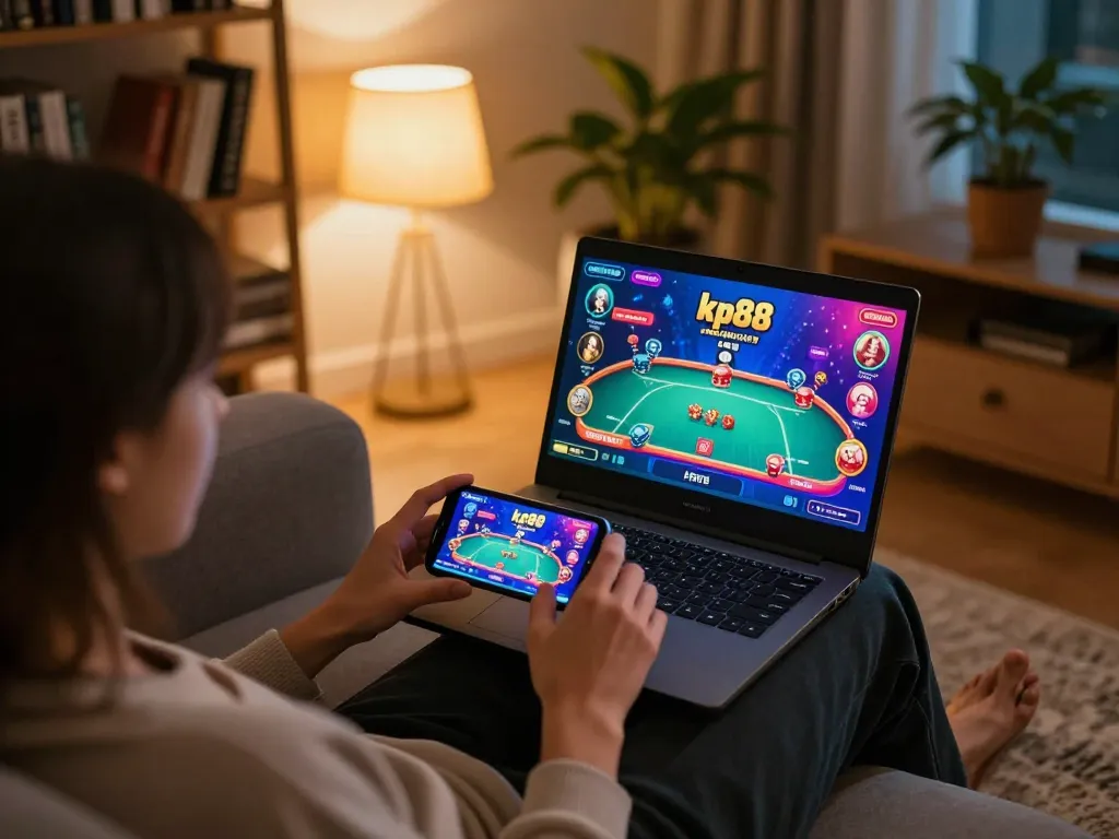 Engaged in kp88 online gaming, player enjoying casino games from a cozy home setup.