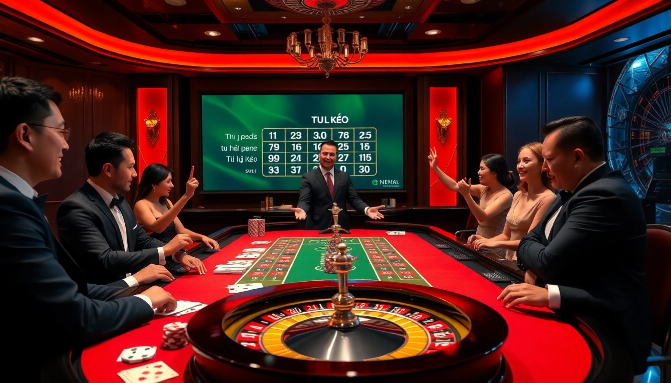 Exciting casino scene showcasing tỷ lệ kèo with players engaging in high-stakes gambling at a luxury table.