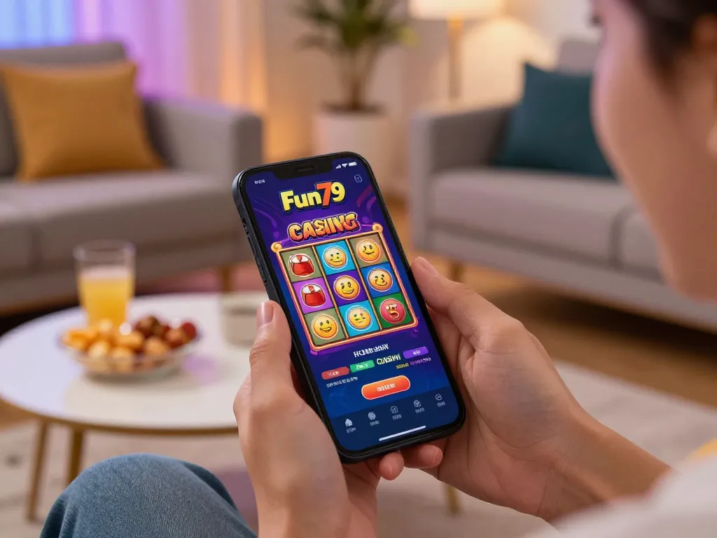 Exciting gambling action with Fun79 mobile app showing slot games in a lively home setting