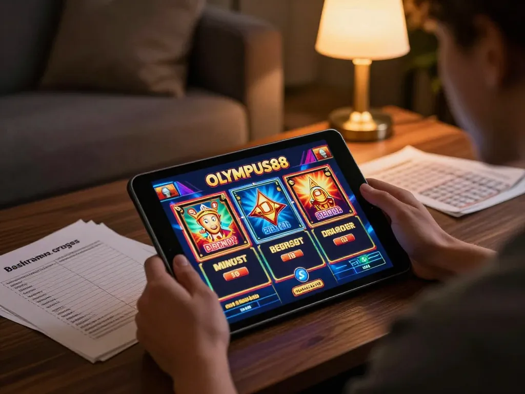 Play OLYMPUS88 slots on a tablet, enjoying a cozy gaming experience at home.