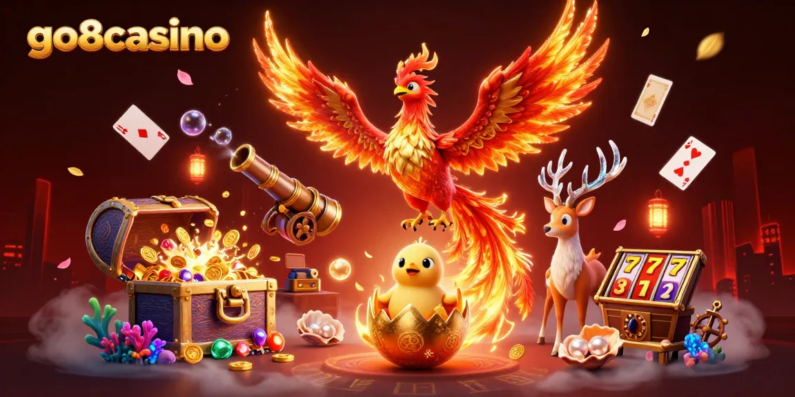 Experience the excitement of go8casino with a vibrant 3D phoenix scene, showcasing thrilling game elements.