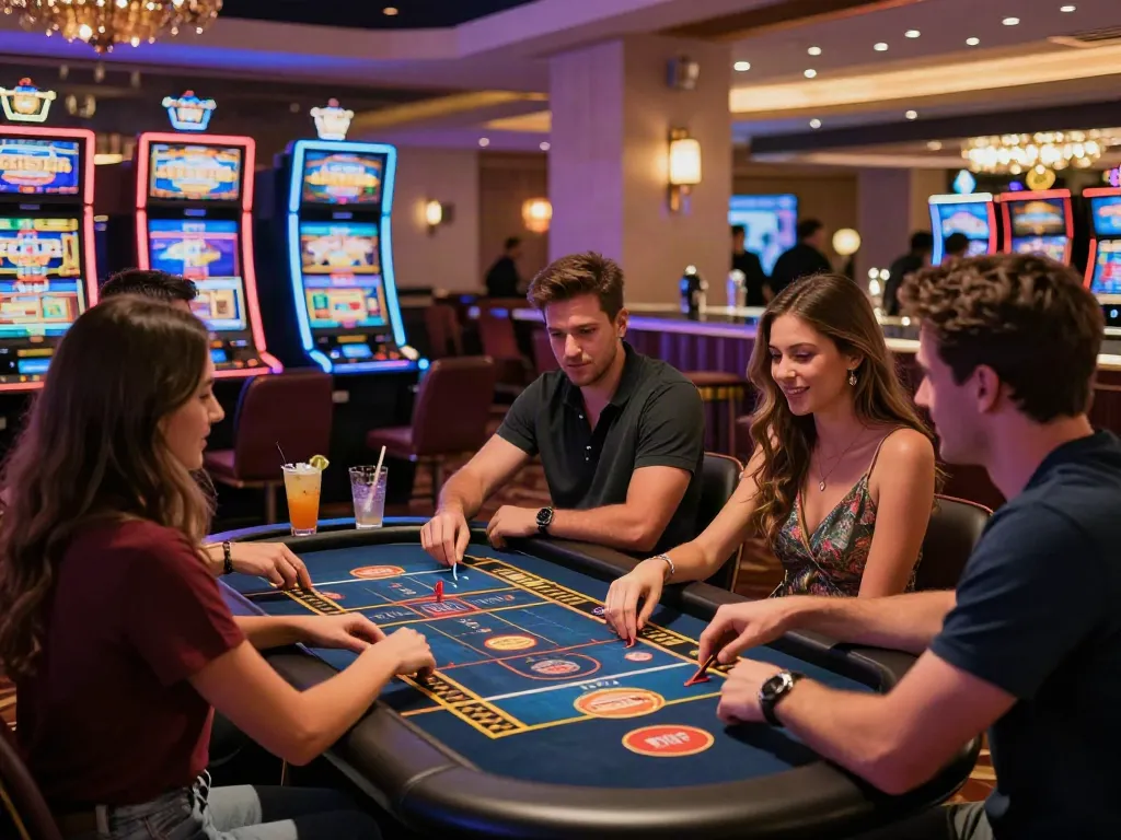 Friends enjoying a casino not on gamstop with lively games and vibrant atmosphere.