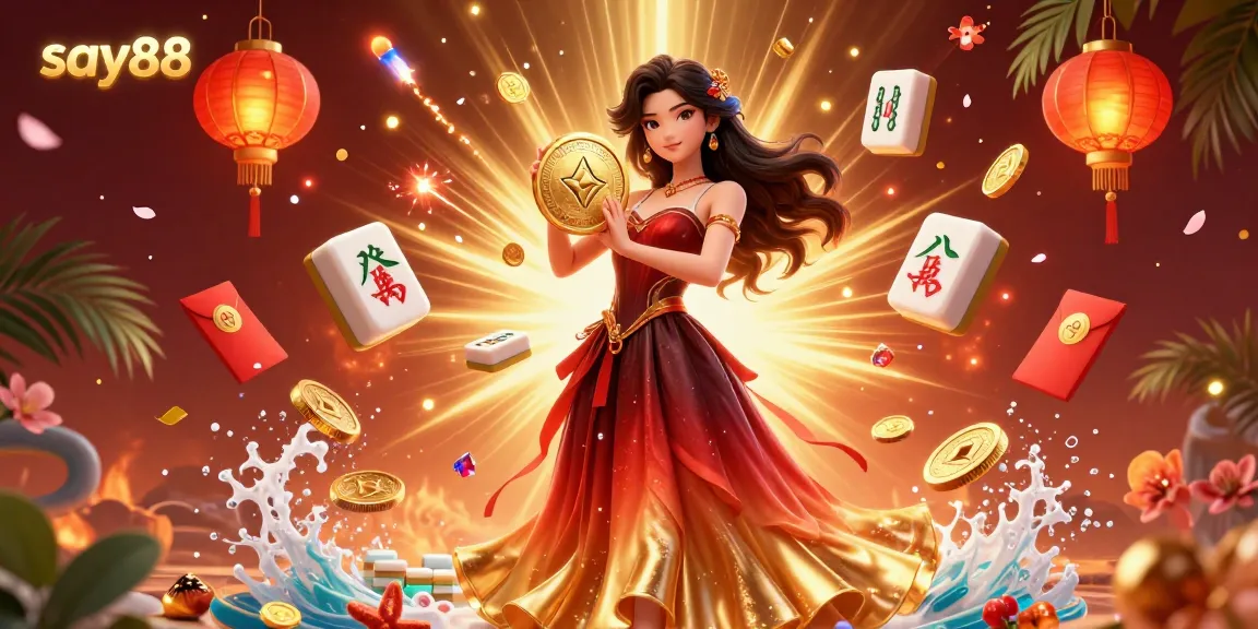 Experience vibrant gaming with say88, featuring a stunning Asian woman holding a golden coin amid festive casino elements.