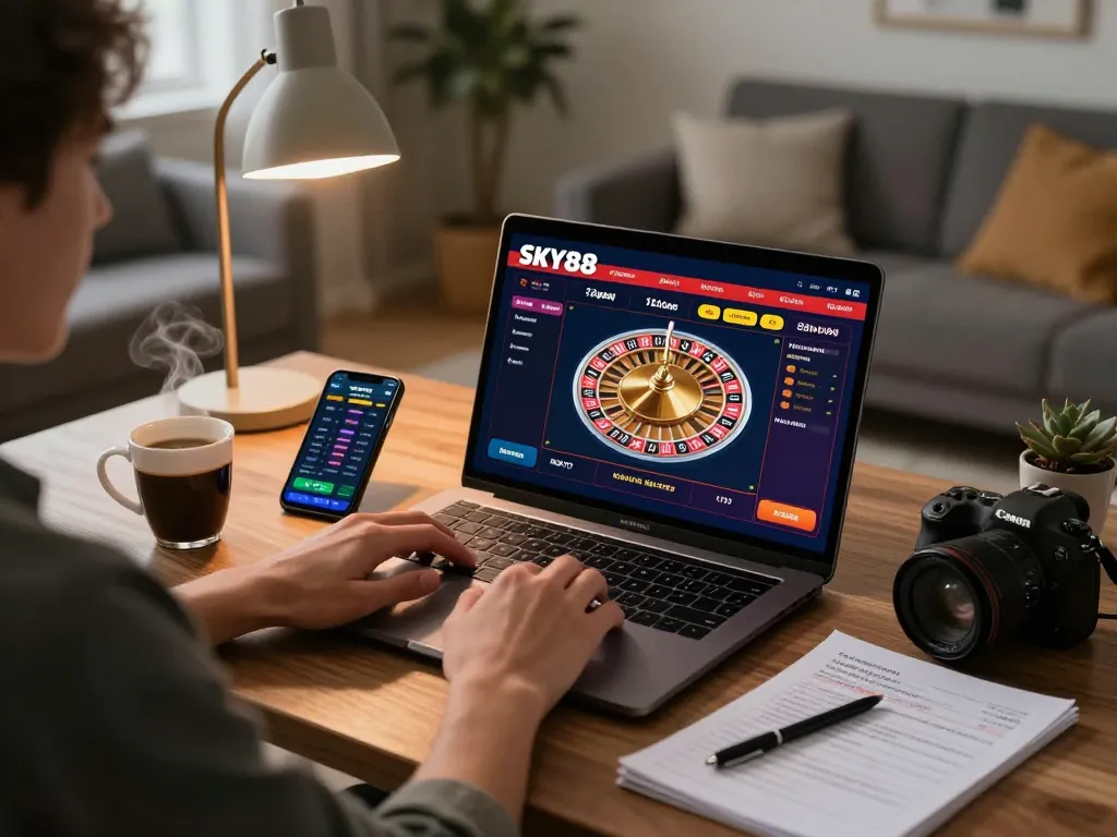 Player engaging with SKY88 casino on a laptop, showcasing strategic betting in a cozy home gaming setup.