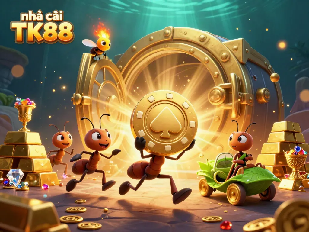 Join the adventure with nhà cái TK88 as ants heist golden poker chips in an exciting casino world.