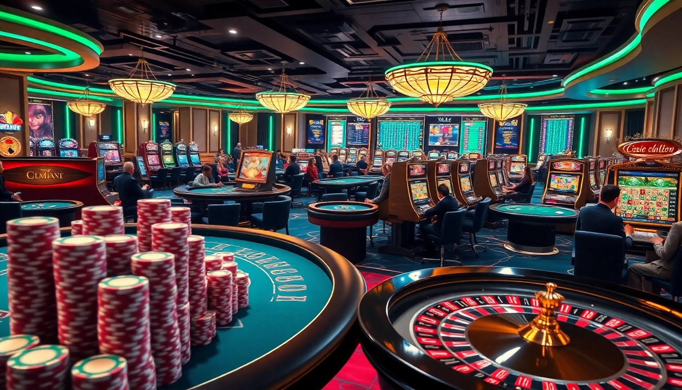 Experience excitement at xn88 net with players engaging at colorful casino tables and vibrant slot machines.