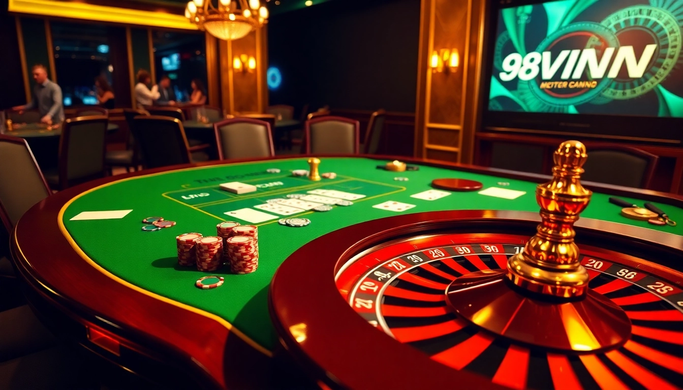Players experience thrilling games at 98WIN casino with poker chips and cards.