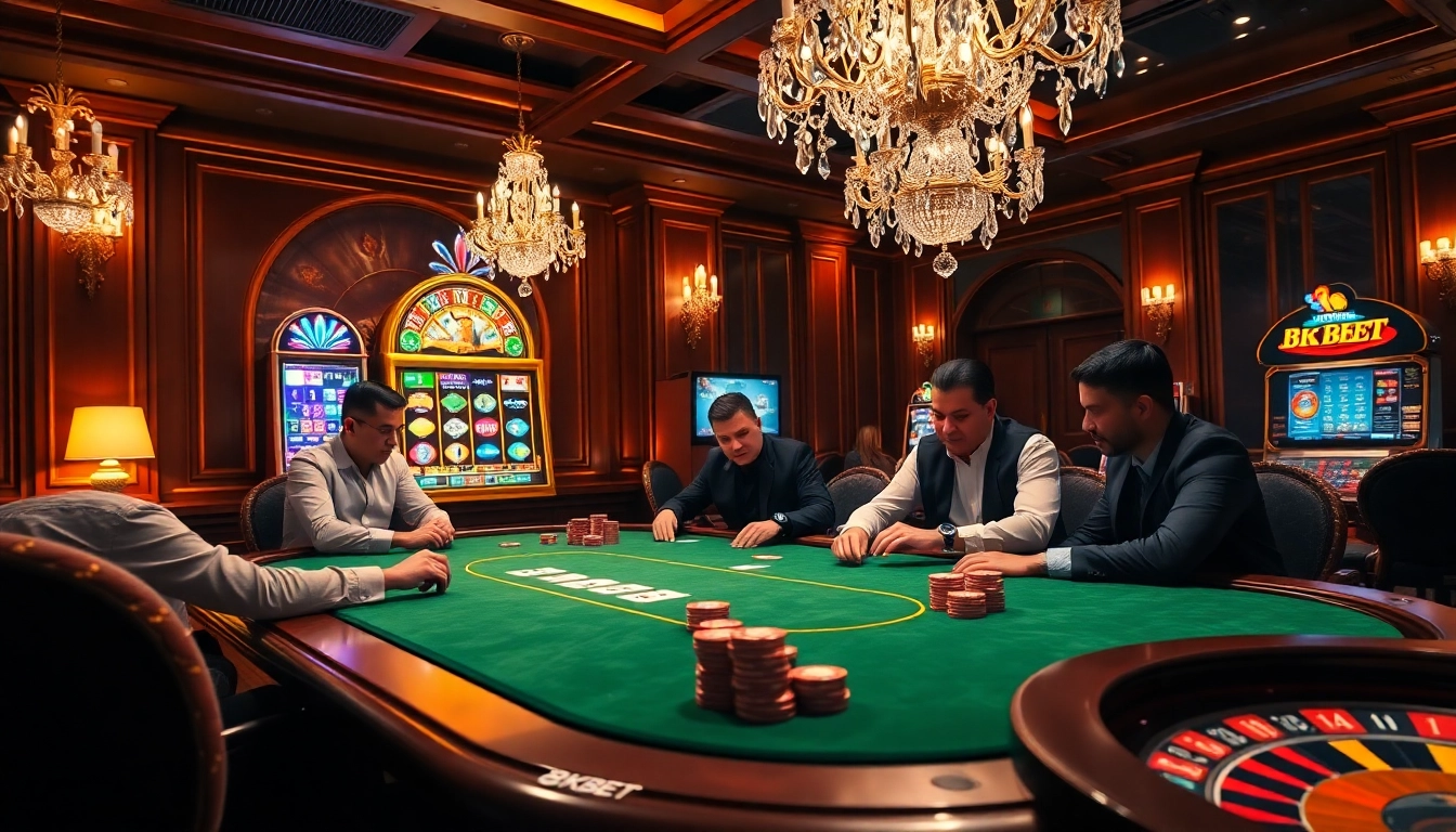 High-stakes poker game with luxury surroundings at 8KBET casino, showcasing vibrant activities and excitement.