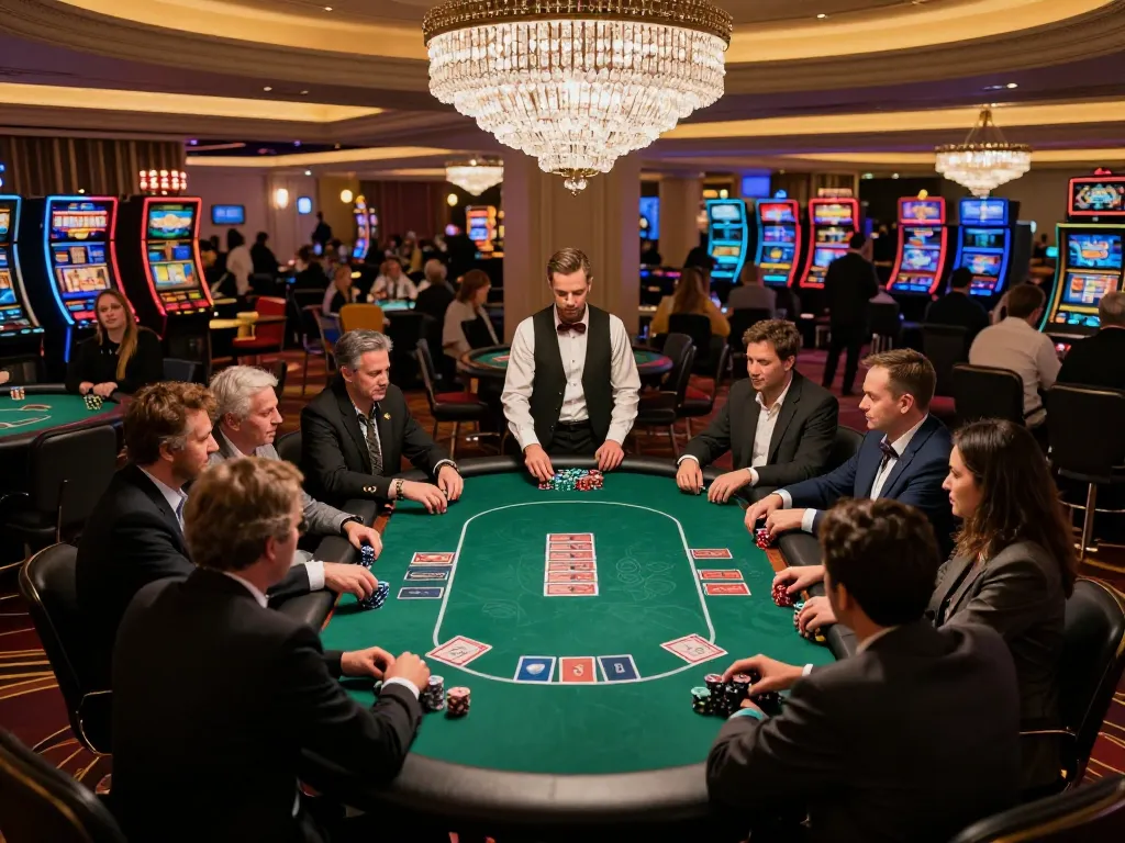 Luck8 players strategizing in a lively Vegas poker tournament, showcasing competitive atmosphere.