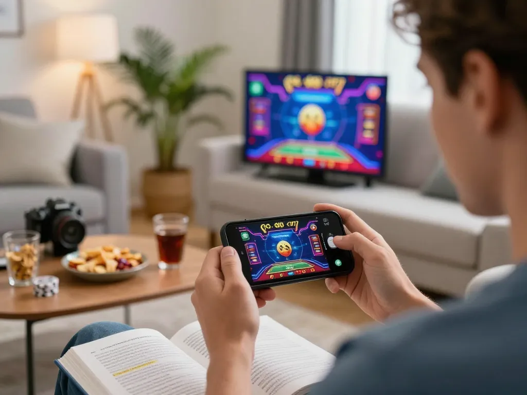 Player engaging with the O8 gambling app on a smartphone while enjoying a cozy gaming experience.