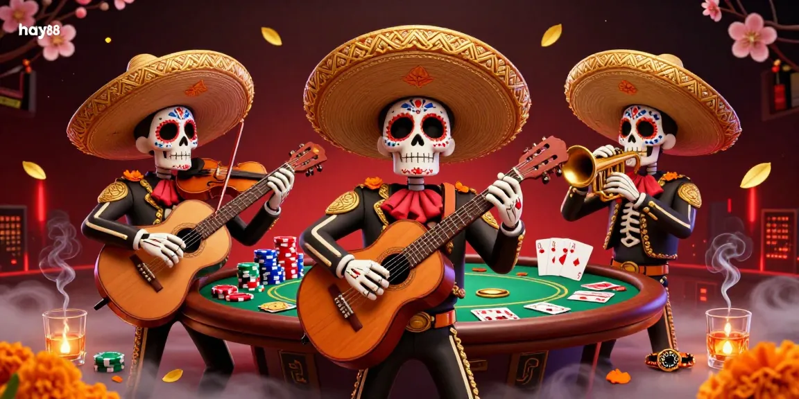 Engage with hay88 at the vibrant online casino, featuring a lively mariachi band and dynamic poker elements.