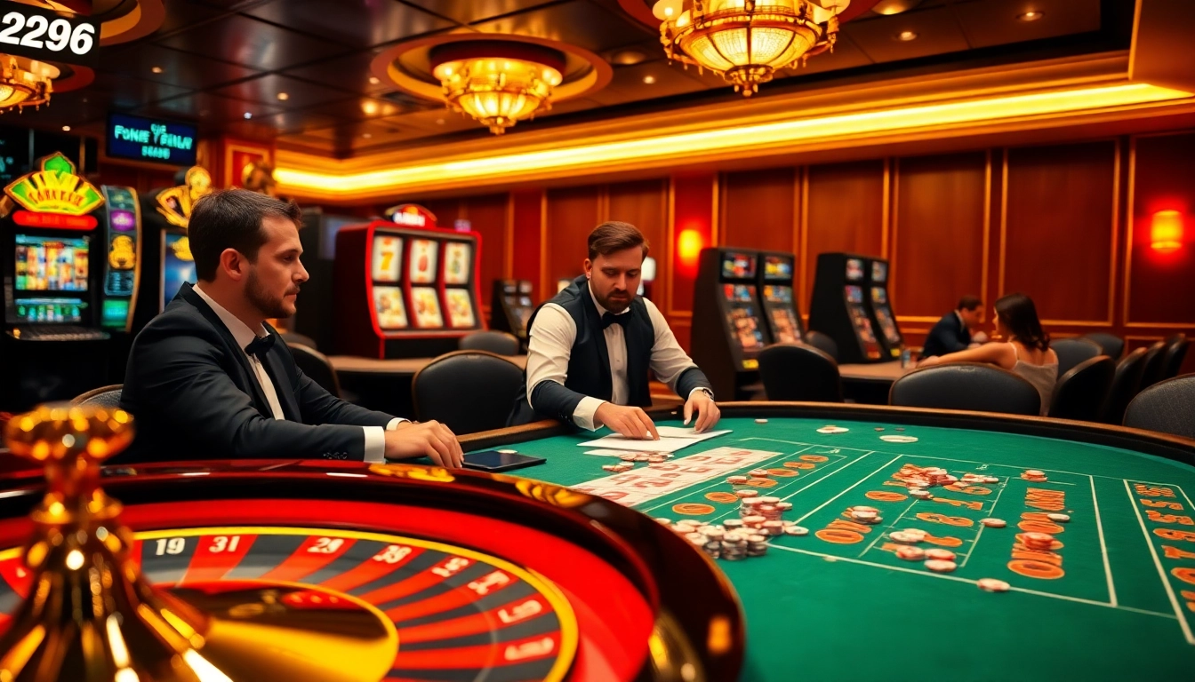 28BET casino scene showcasing an exciting poker table with players, slot machines, and roulette.
