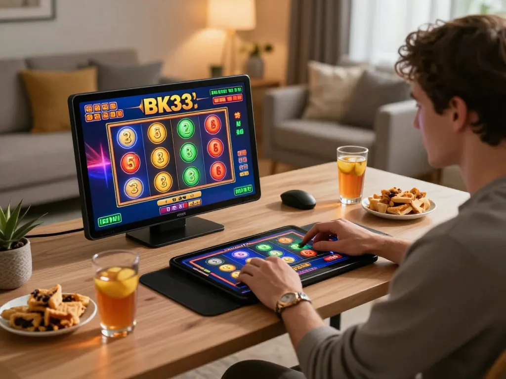 Player enjoying BK33 online casino slots on tablet in a cozy home setup