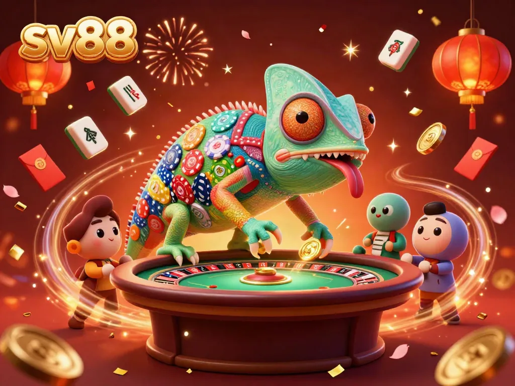 Experience excitement at sv88 with a vibrant 3D chameleon casino owner among lively gambling elements.