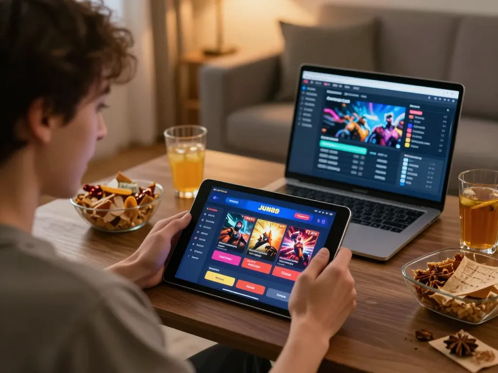 Person engaging with the JUN88 casino app on a tablet during a cozy home gaming session.