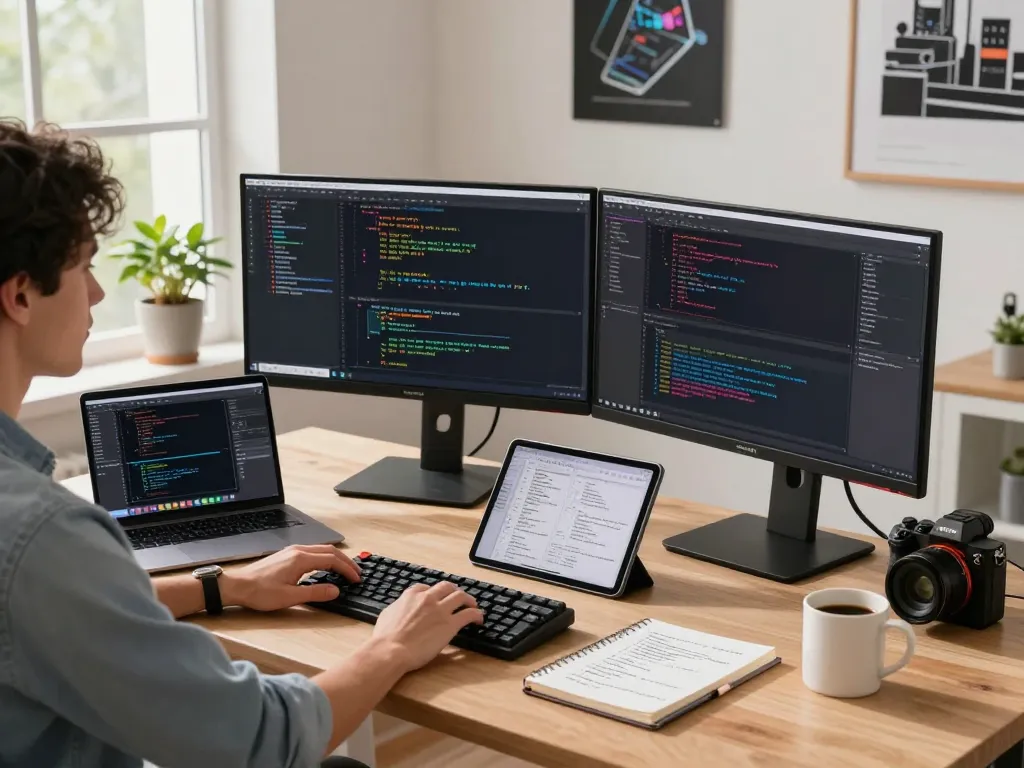 MoltBot AI Assistant in a tech workspace, developer coding with dual monitors and modern gadgets.