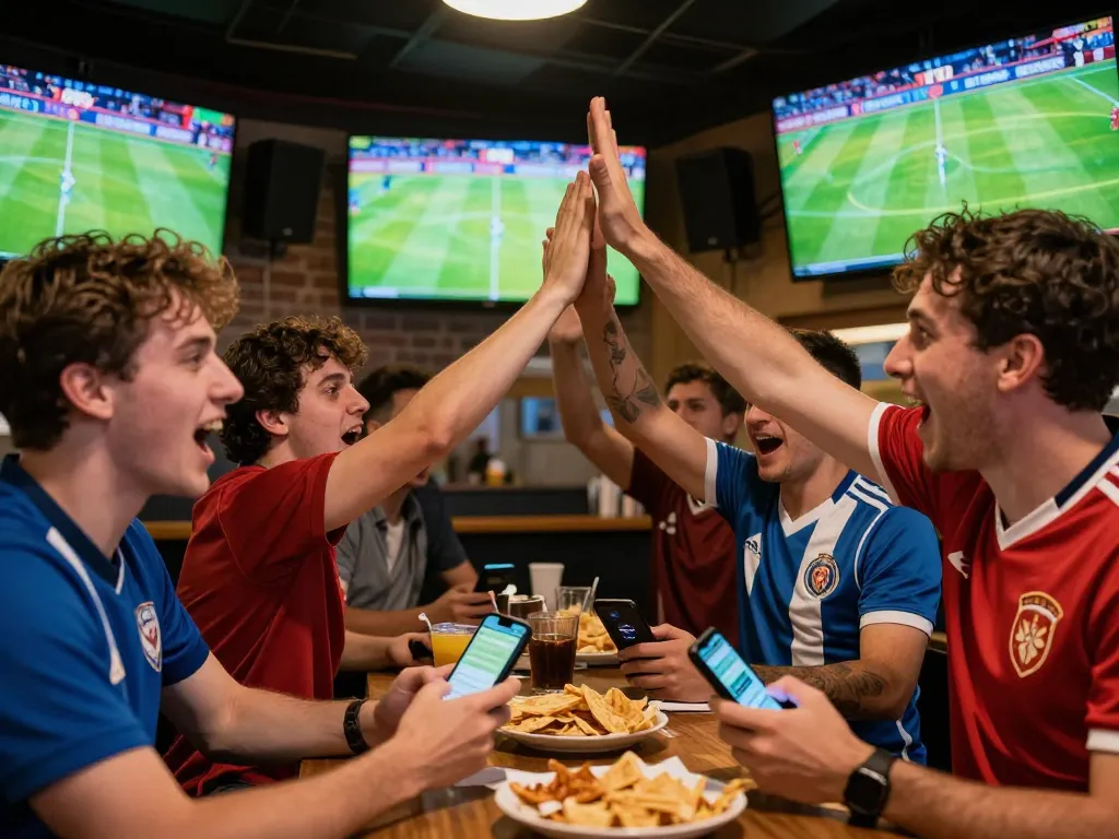 Bet on บอล ออนไลน์ while cheering at a sports bar with fans using betting apps during a match