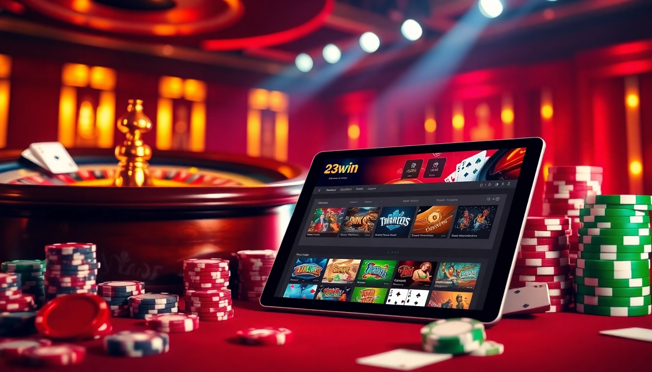 Experience interactive gaming at 23win with high-stakes casino elements like roulette wheels and poker chips.