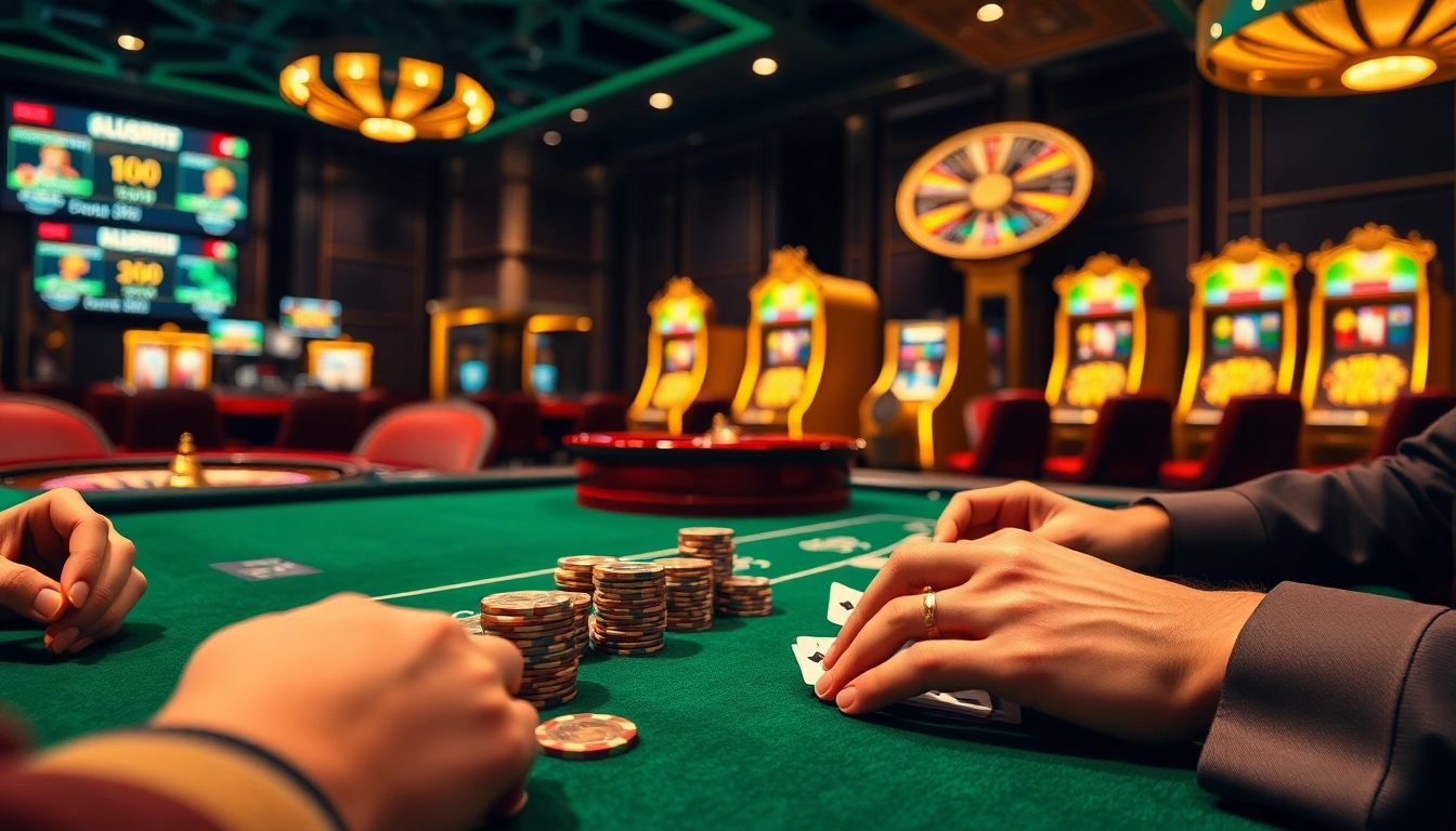 Bongdalu poker scene with players at a high-stakes table, vibrant casino ambiance.