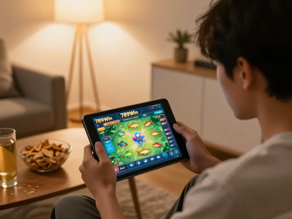 Player immersed in a thrilling game on 789Win tablet, enjoying strategic betting at home