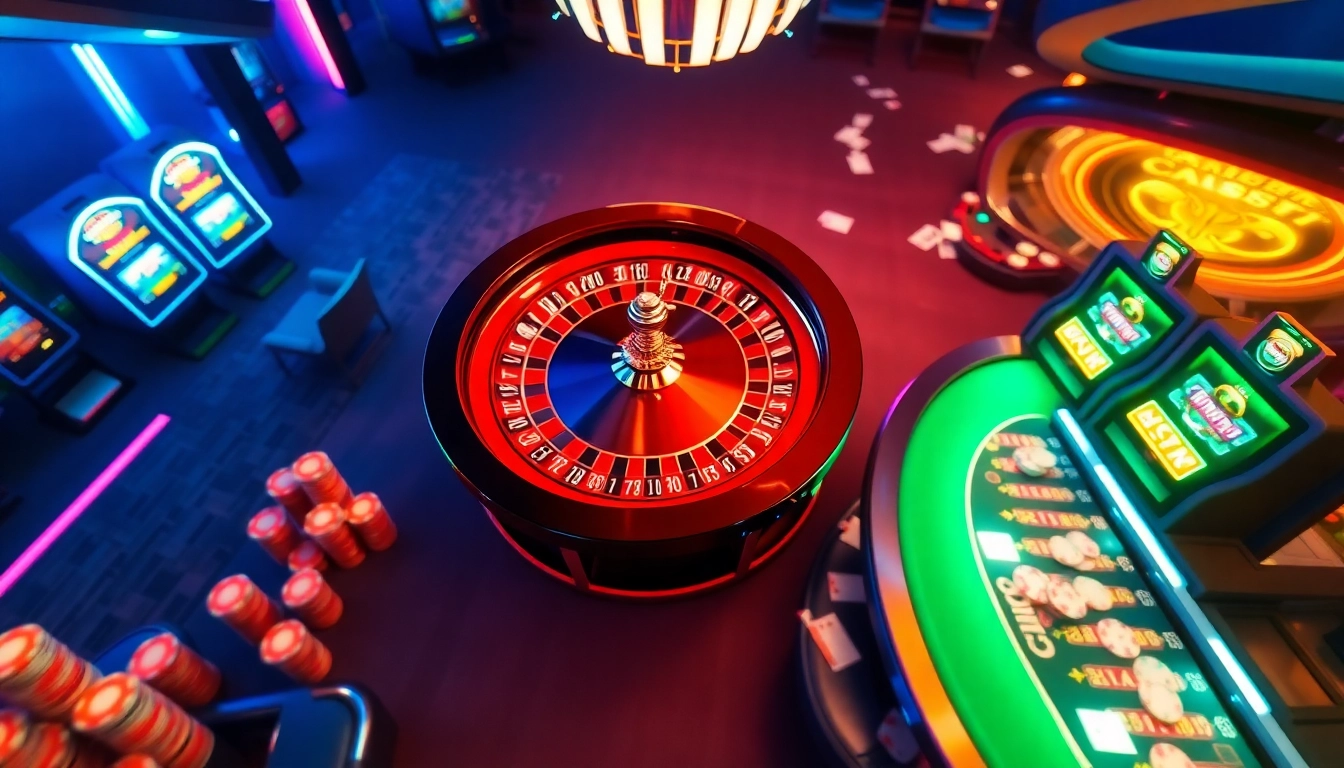Engage with the immersive ambiance of ee88 net, featuring vibrant casino tables and sleek slot machines.