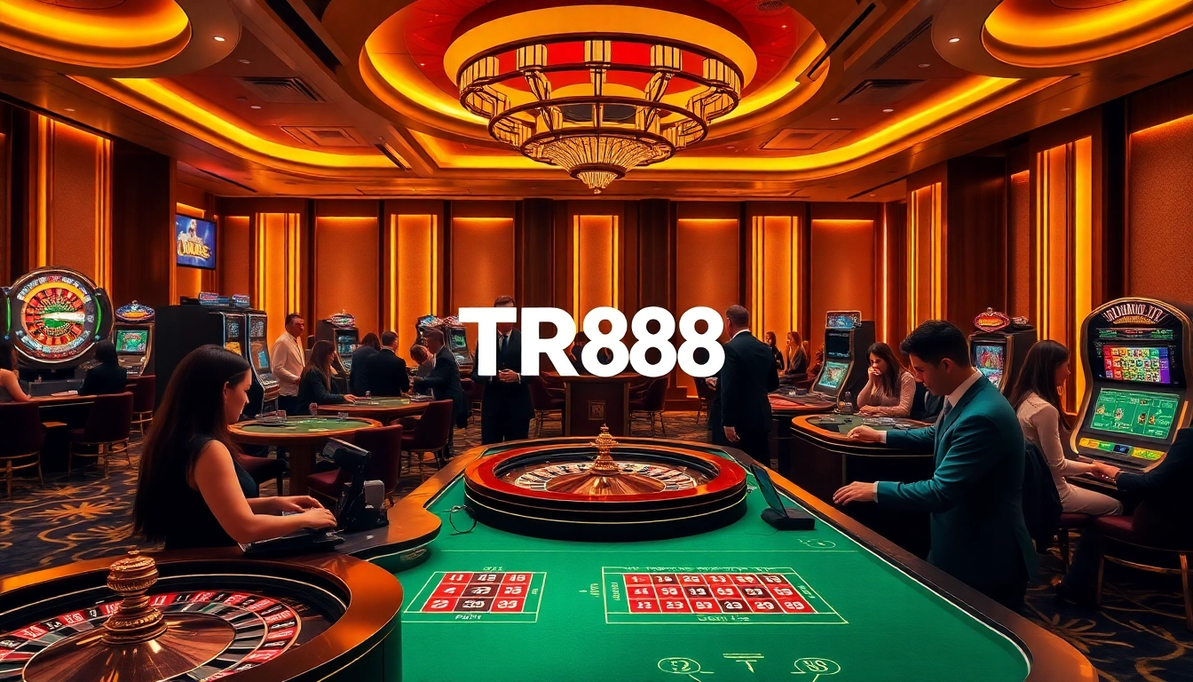Players enjoying casino games like TR88 at an upscale online gaming platform, with vibrant slot machines and roulette wheels.