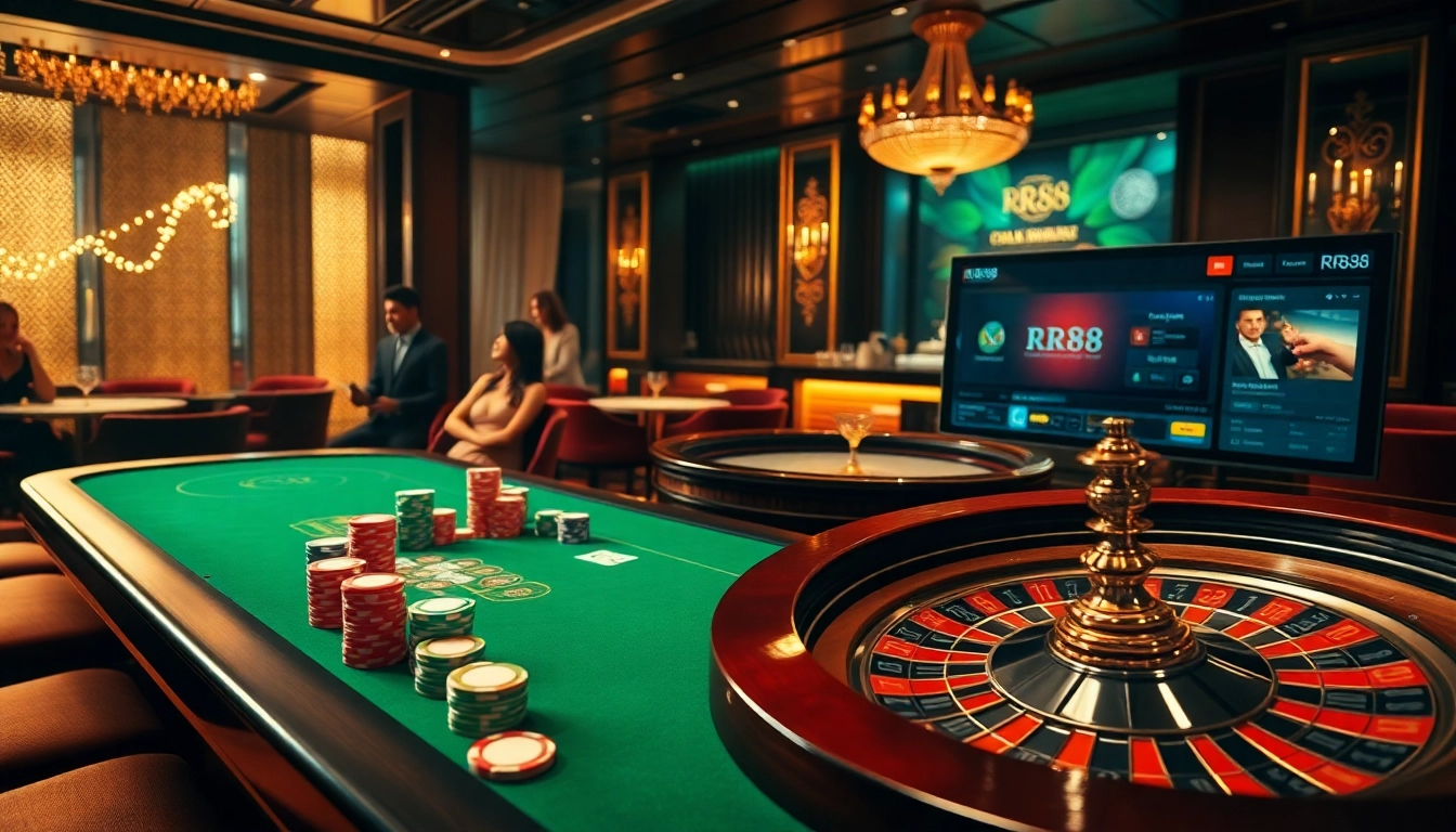 Players enjoying a high-stakes poker game at RR88 casino with vibrant chips and cards.