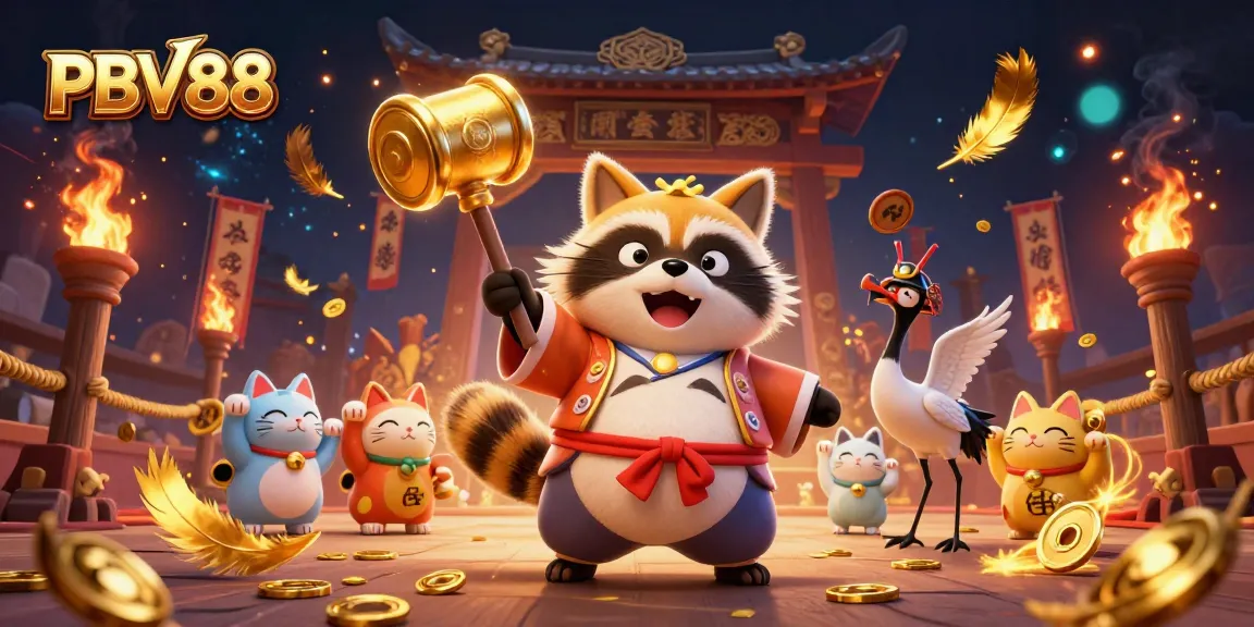 Experience thrilling actions at PBV88 with a charming tanuki in a vibrant casino scene.