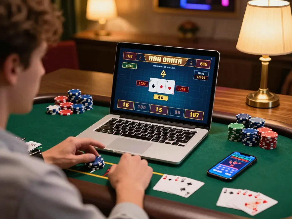 Người chơi LUCK8 đang xây dựng chiến lược trong trò chơi dealer trực tiếp hấp dẫn trên laptop, thể hiện rõ các yếu tố casino trực tuyến.