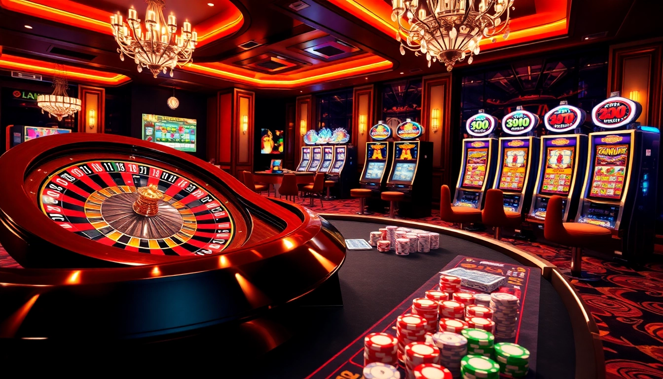 An engaging gambling scene highlighting 8kbet with exciting slot machines and vibrant poker chips.