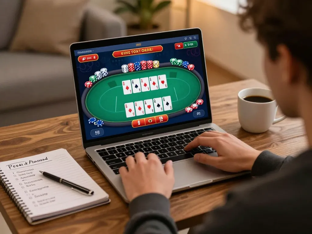 Sao789 player engaging in strategic online poker from a cozy home setup