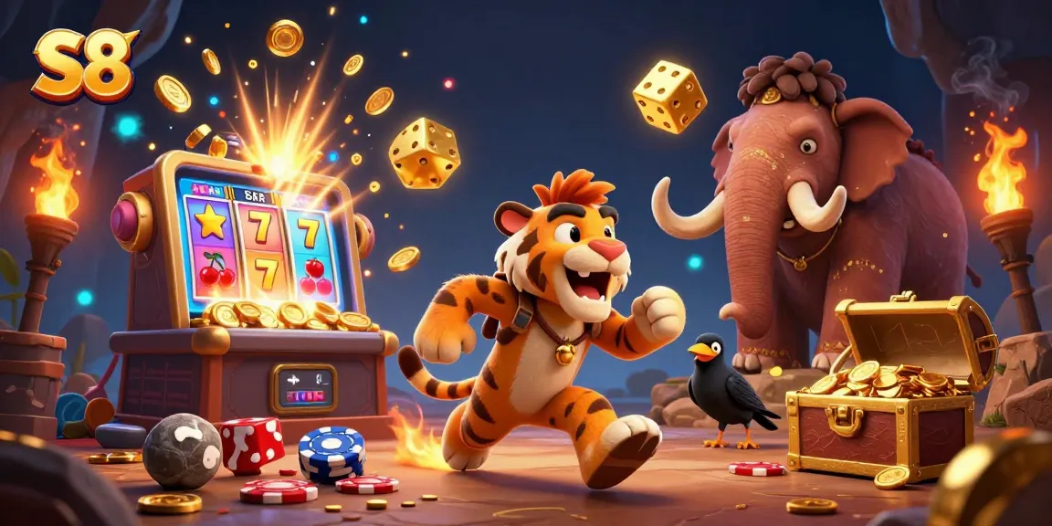 S8 delivers thrilling jackpot wins with a prehistoric casino scene full of vibrant colors and action-packed elements.