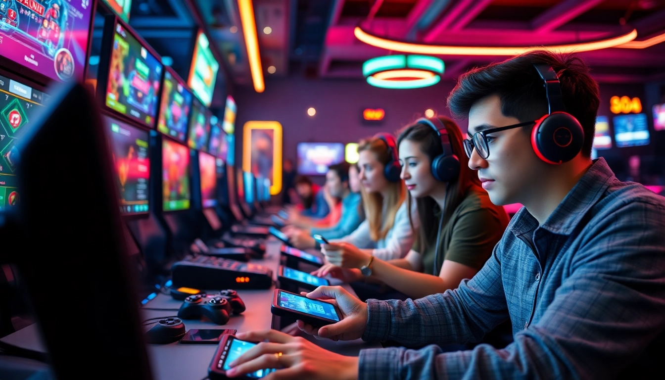 Online gaming enthusiasts enjoying diverse casino games on go-88.us.com in a vibrant, high-tech environment.