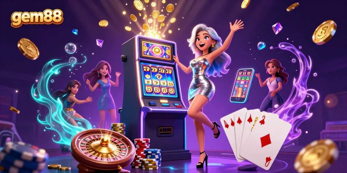 Experience excitement at gem88 with a striking jackpot celebration featuring dynamic casino elements.